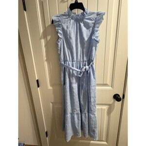 Shein Light Blue Dress  Womens Sz XL Tie Belt Mock Neck Ruffled Cap Sleeveless